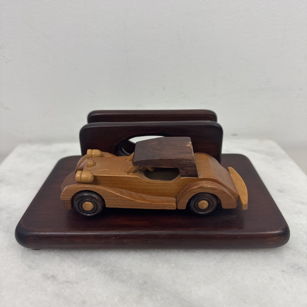 VTG Mens Valet Wood Desk Organizer Letter Holder w/Attached Wooden Antique Car